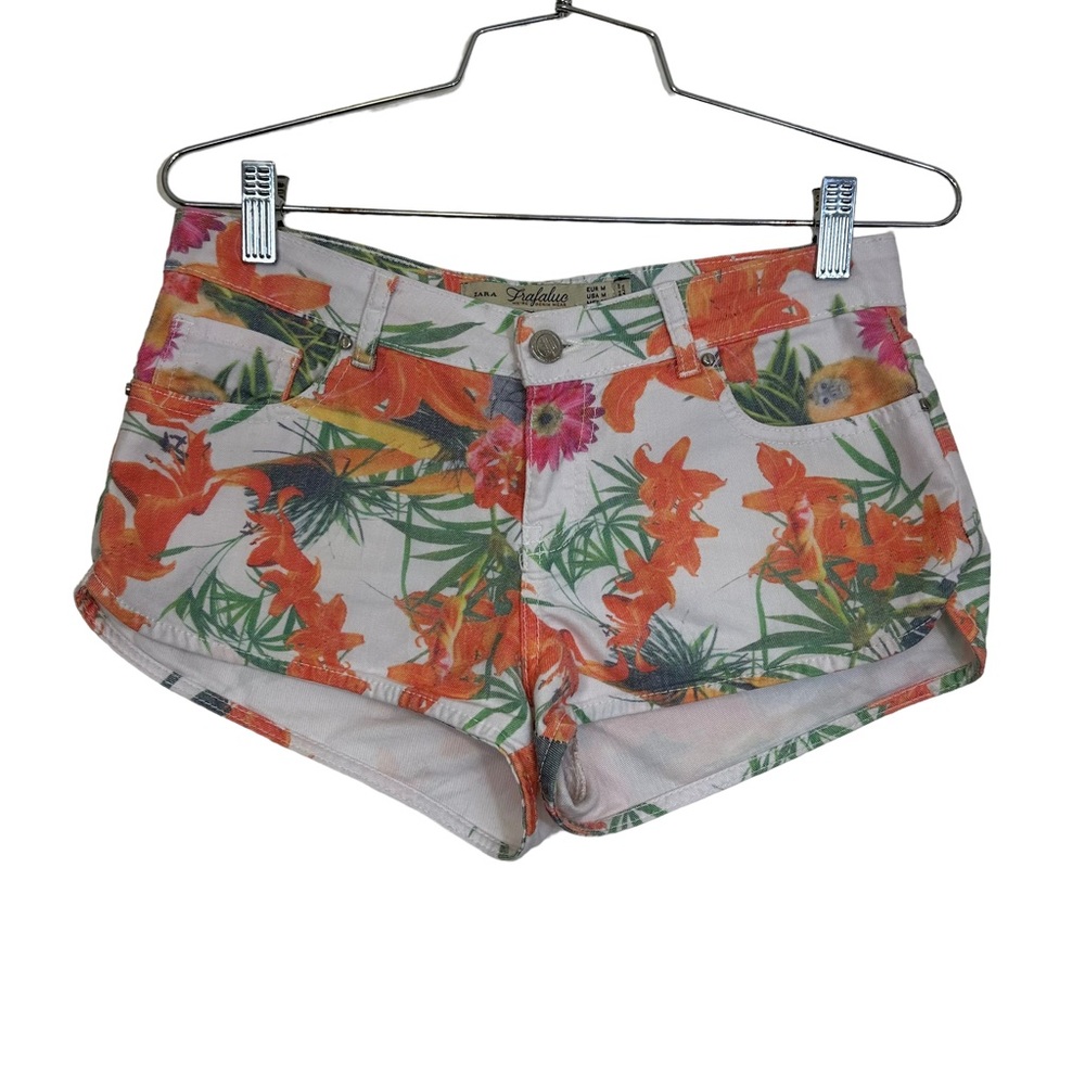Zara Trafaluc White Denim Shorts With Floral Pattern M